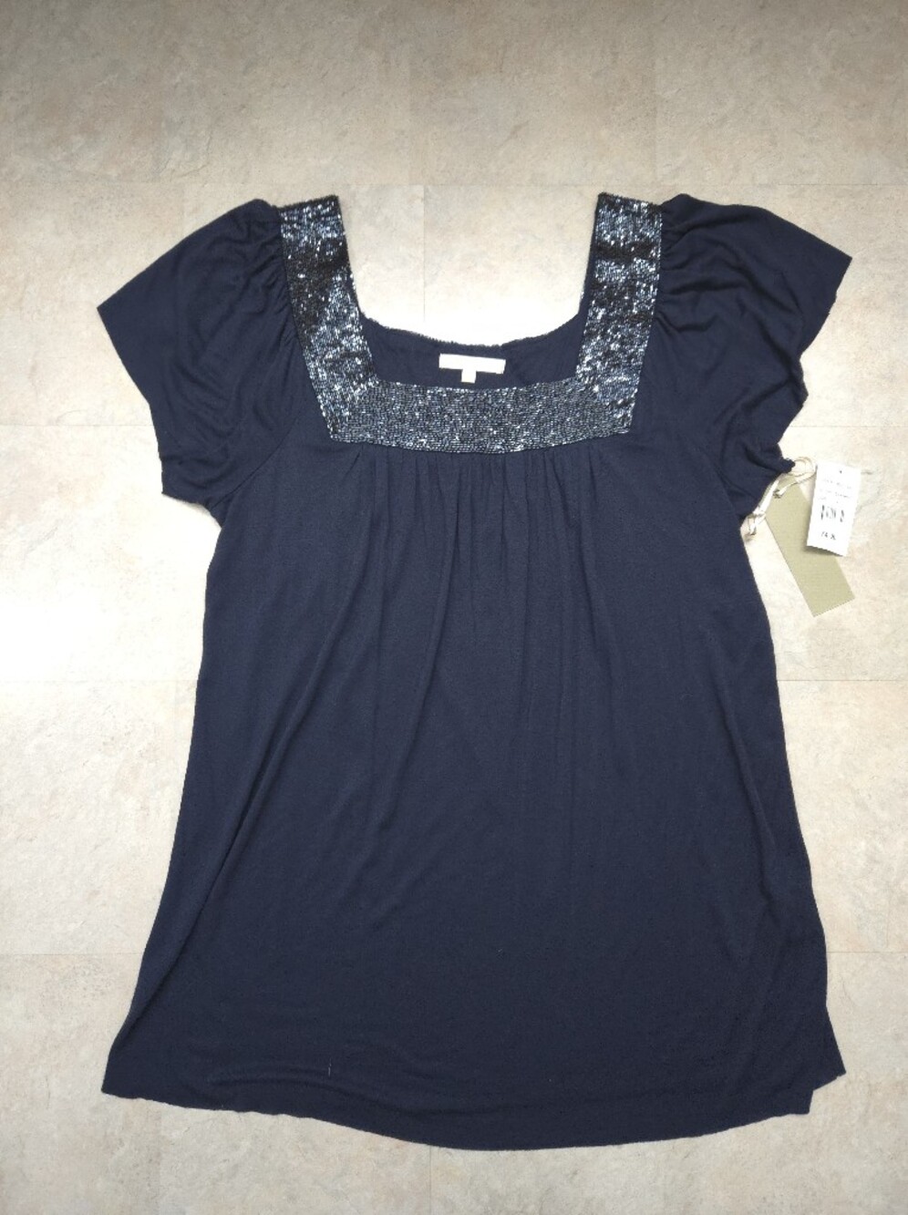 NWT Matty M Navy Square-Neck Beaded Sparkle Trim Top Size M